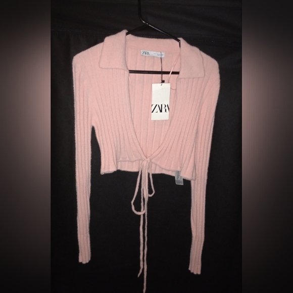 NWT Zara PINK cropped Tie Wrap Sweater size medium - Picture 1 of 9